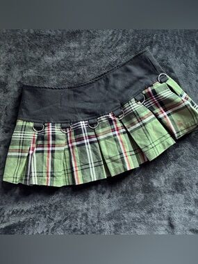 Vintage Dogpile Y2K Punk Plaid Green Mini D-Ring Tartan Emo Pleated Skirt